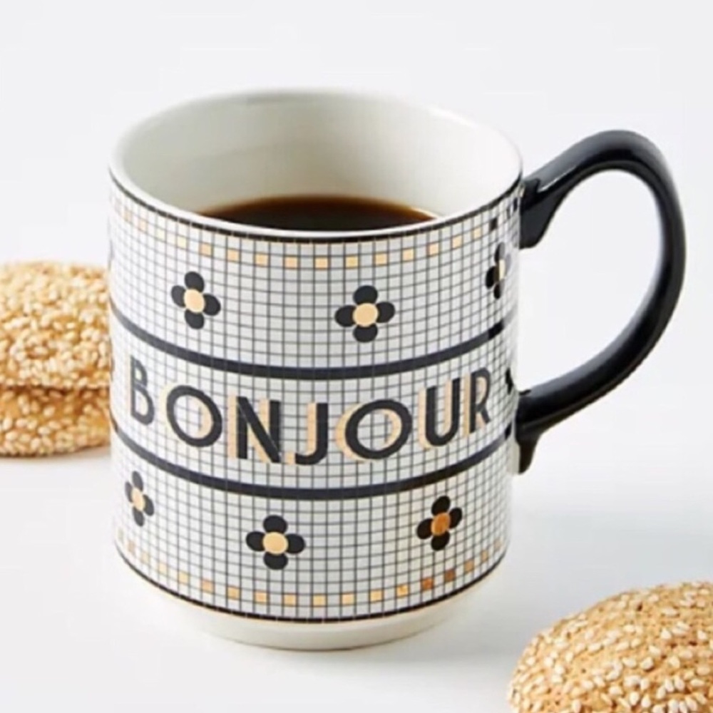 Anthropologie Bistro Tile Bonjour Mug NWT RARE